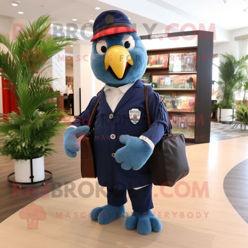 Personnage De Costume De Mascotte Redbrokoly De Perroquet Bleu Marine Habillé D'un Gilet Et De Sacs Fourre-Tout