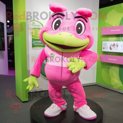 Personnage De Costume De Mascotte Redbrokoly De Grenouille Rose Habillé D'un Jogging Et De Bonnets