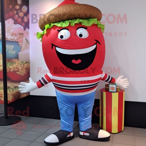 Personnage De Costume De Mascotte Redbrokoly Burgers Habillé D'un Jegging Et D'épingles À Cravate
