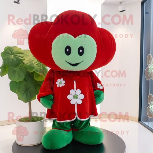 Personnage De Costume De Mascotte Redbrokoly De Trèfle À Quatre Feuilles Rouge Habillé D'une Couverture Et De Broches