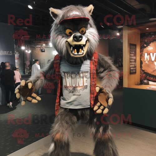 Personnage De Costume De Mascotte Redbrokoly De Loup-Garou Habillé D'un T-Shirt Graphique Et D'épingles À Chapeau