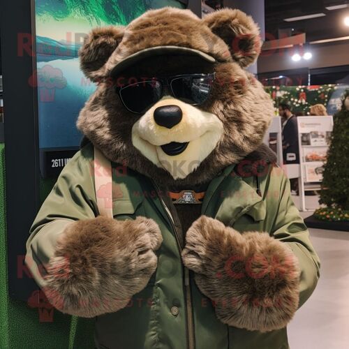 Personnage De Costume De Mascotte Redbrokoly D'ours À Lunettes Olive Habillé D'une Parka Et De Bonnets