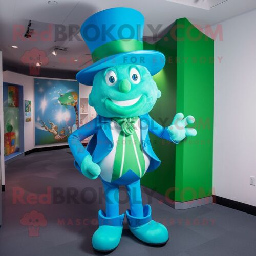 Personnage De Costume De Mascotte Redbrokoly De Chapeau De Lutin Bleu Ciel Habillé D'un Body Et De Cravates