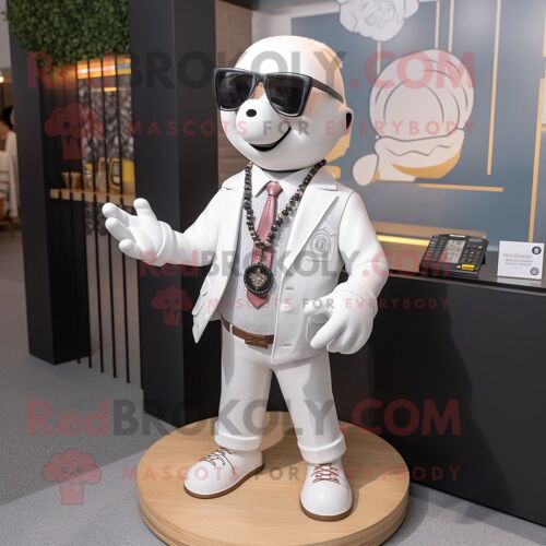 Personnage De Costume De Mascotte Redbrokoly D'avocat Blanc Habillé D'un Blouson Aviateur Et De Colliers