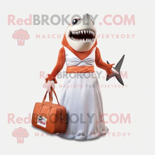 Personnage De Costume De Mascotte Redbrokoly De Megalodon De Rouille Habillé D'une Robe De Mariée Et De Sacs Fourre-Tout