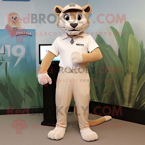 Costume Mascotte Redbrokoly Puma Beige Personnage Habillé Avec Un Pantacourt Et Des Montres Bracelet