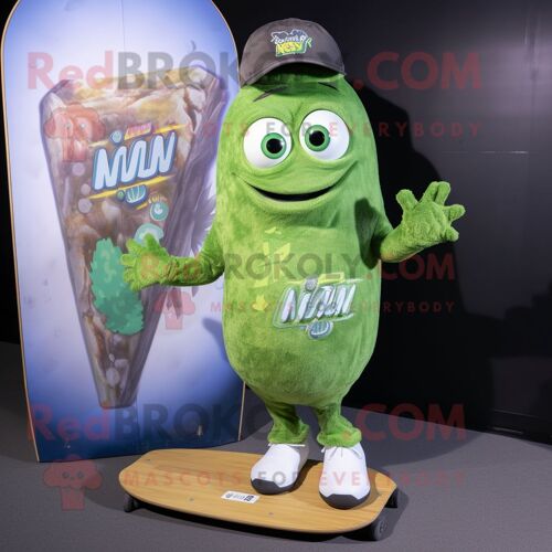 Personnage De Costume De Mascotte Redbrokoly Olive Skateboard Habillé D'un T-Shirt À Col En V Et De Portefeuilles