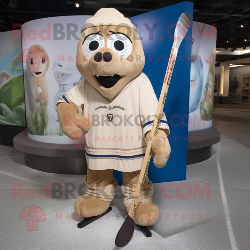 Personnage De Costume De Mascotte Redbrokoly De Bâton De Hockey Sur Glace Beige Habillé D'une Couverture Et De Lacets De Chaussures