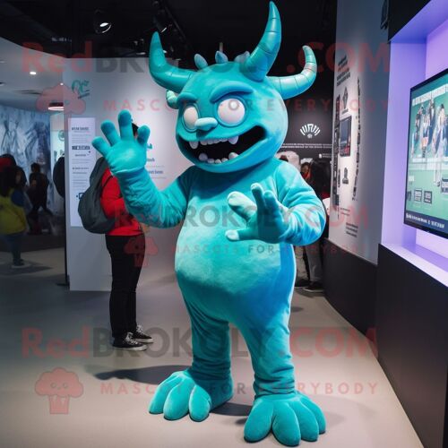 Personnage De Costume De Mascotte Redbrokoly Cyan Devil Habillé D'un T-Shirt Graphique Et De Montres