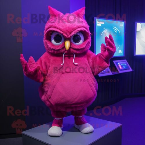 Personnage De Costume De Mascotte Redbrokoly De Hibou Magenta Habillé D'un Sweat-Shirt Et De Gants