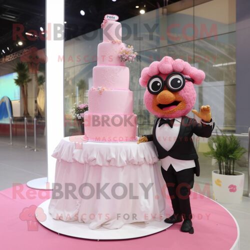 Personnage De Costume De Mascotte Redbrokoly De Gâteau De Mariage Rose Habillé D'une Robe Et De Lunettes