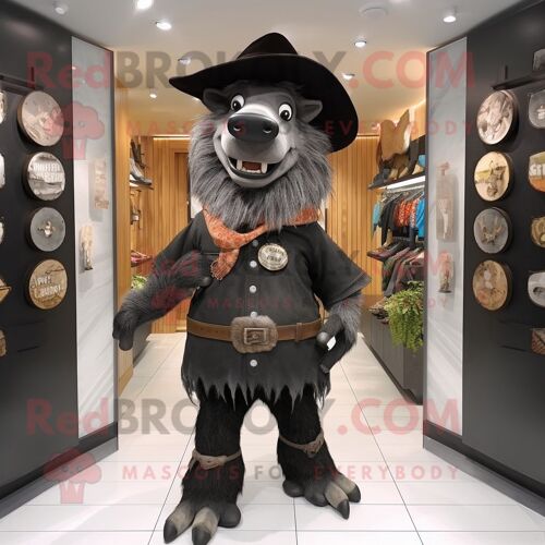 Personnage De Costume De Mascotte Redbrokoly De Sanglier Noir Habillé D'un Jean Bootcut Et De Chapeaux