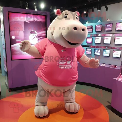 Personnage De Costume De Mascotte Redbrokoly D'hippopotame Rose Habillé D'un Short De Course Et De Ceintures De Smoking