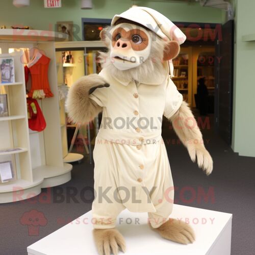 Personnage De Costume De Mascotte Redbrokoly De Singe Capucin Beige Habillé D'une Jupe Trapèze Et De Coussinets Pour Les Pieds