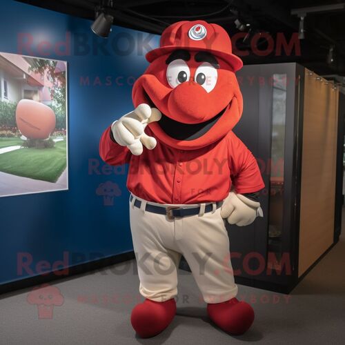 Personnage De Costume De Mascotte Redbrokoly De Gant De Baseball Rouge Habillé D'une Chemise Oxford Et De Chapeaux
