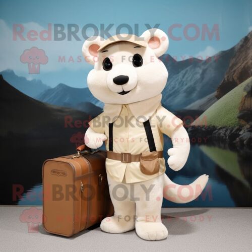 Costume De Mascotte Redbrokoly D'hermine Beige Personnage Habillé D'une Salopette Et De Mallettes