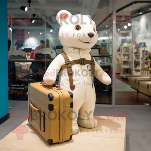 Costume De Mascotte Redbrokoly D'hermine Beige Personnage Habillé D'une Salopette Et De Mallettes