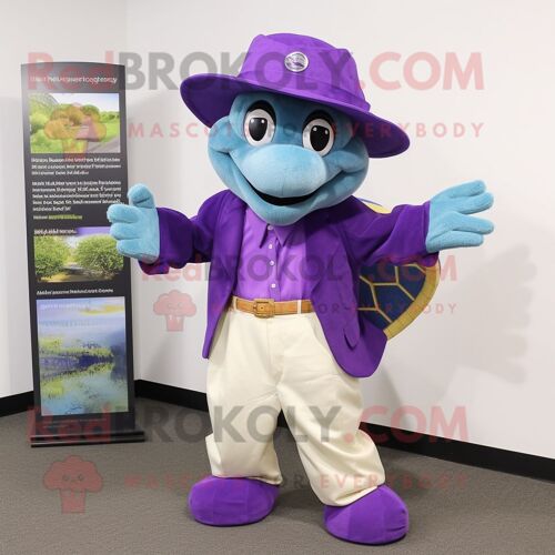 Personnage De Costume De Mascotte Redbrokoly De Tortue De Mer Violette Habillé D'une Culotte Et D'épingles À Chapeau
