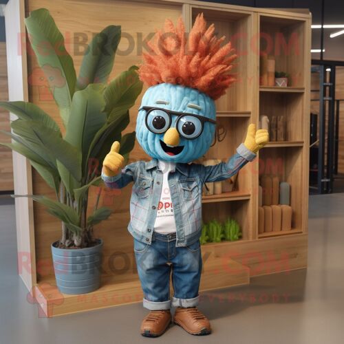 Personnage De Costume De Mascotte Redbrokoly D'ananas Rouille Habillé D'une Chemise En Chambray Et De Bandeaux