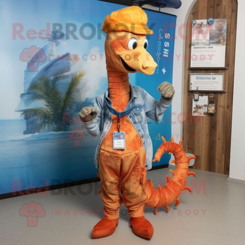 Personnage De Costume De Mascotte Redbrokoly D'hippocampe De Rouille Habillé D'un Jean Et De Colliers