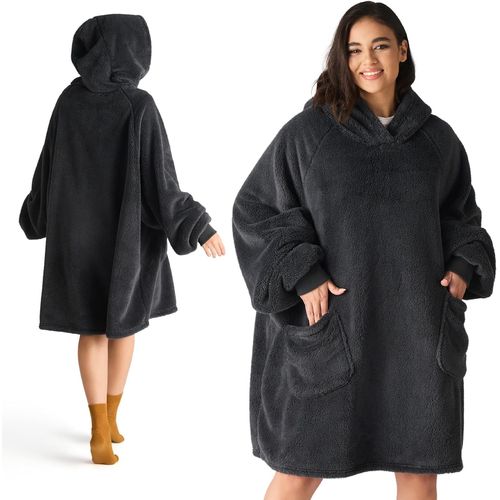 Plaid Polaire À Capuche Adulte - Femme Homme, Pull Couverture Manche Avec Poches Portables, Canape Tv Hiver, 95x85 Cm Anthracite