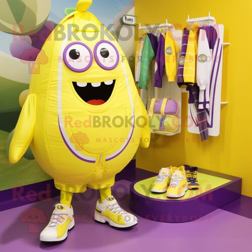 Personnage De Costume De Mascotte Redbrokoly D'aubergine Jaune Citron Habillé D'un Maillot De Bain Et De Coussinets Pour Les Pieds