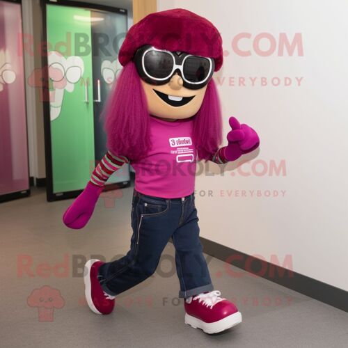 Personnage De Costume De Mascotte Redbrokoly Magenta Irish Dancing Shoes Habillé Avec Un Jean Bootcut Et Des Lunettes De Soleil