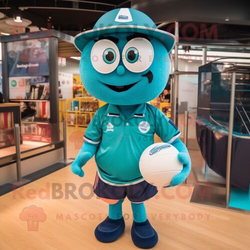 Personnage De Costume De Mascotte Redbrokoly De Balle De Volley-Ball Bleu Sarcelle Habillé D'une Chemise De Rugby Et De Chapeaux
