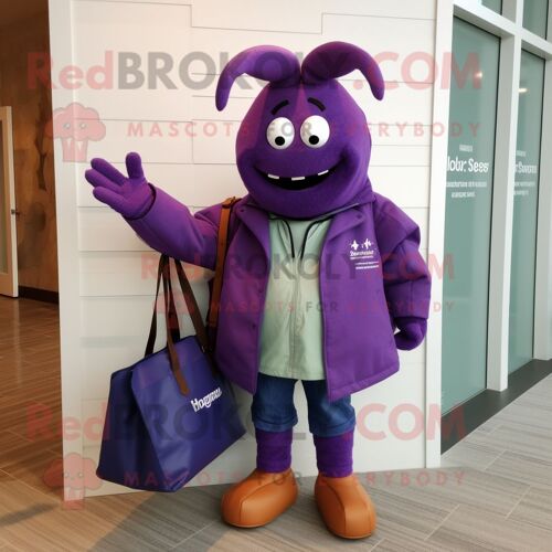 Personnage De Costume De Mascotte Redbrokoly De Biscuit De Homard Violet Habillé D'une Veste Et De Sacs Fourre-Tout