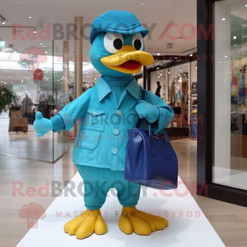 Mascotte Redbrokoly De Personnage De Canard Turquoise Vêtu D'un Jean Flare Et De Pochettes