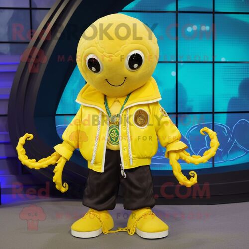 Personnage De Costume De Mascotte Redbrokoly De Kraken Jaune Citron Habillé D'un Blouson Aviateur Et De Colliers
