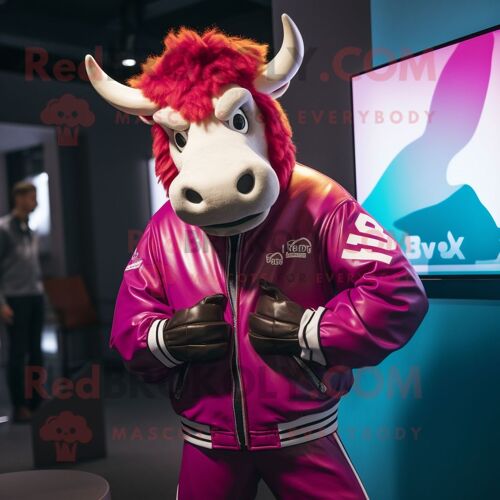 Personnage De Costume De Mascotte Redbrokoly De Zébu Magenta Habillé D'une Veste De Moto Et De Bonnets