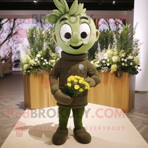 Personnage De Costume De Mascotte Redbrokoly Olive Bouquet Of Flowers Habillé D'un Sweat-Shirt Et De Ceintures