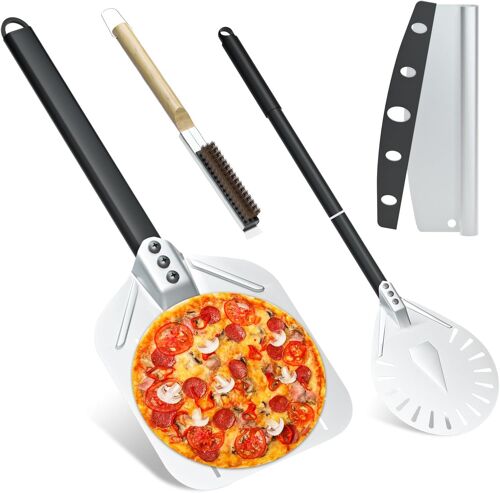 Jexnovashop-4pcs Accessoires Pour Four À Pizza, Pelle A Pizza Perforée De 30 Cm, Peau À Pizza En Aluminium De 83cm Avec Un Long Manche, Outil De Nettoyage De La Pierre Du Four