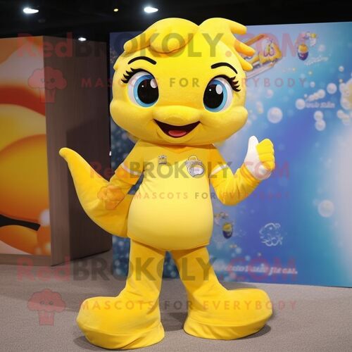 Mascotte Redbrokoly De Personnage De Sirène Jaune Habillée D'un Sweat-Shirt Et De Coussinets Pour Les Pieds