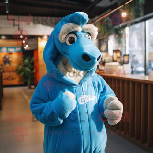 Personnage De Costume De Mascotte Redbrokoly De Chameau Bleu Habillé D'un Sweat-Shirt Et De Châles