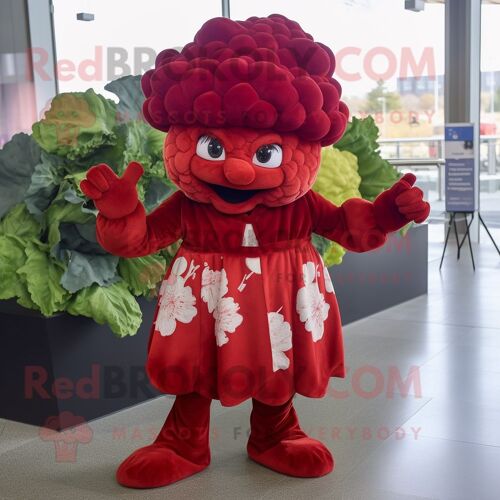 Mascotte Redbrokoly De Personnage De Chou-Fleur Rouge Habillé D'une Robe Taille Empire Et De Bandeaux