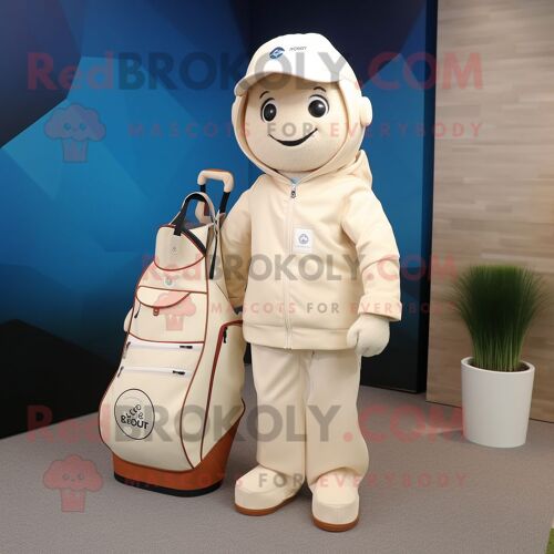 Personnage De Costume De Mascotte Redbrokoly De Sac De Golf Crème Habillé D'un Coupe-Vent Et De Sacs Fourre-Tout