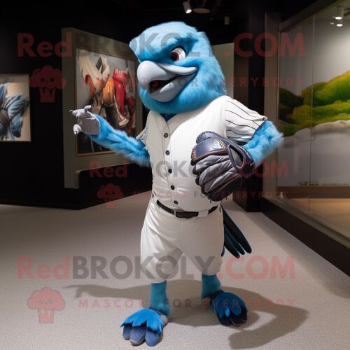Personnage De Costume De Mascotte Redbrokoly De Faucon Bleu Ciel Habillé D'un T-Shirt De Baseball Et De Mitaines