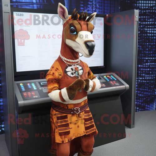 Personnage De Costume De Mascotte Redbrokoly Rust Okapi Habillé D'une Jupe A-Line Et De Montres Numériques