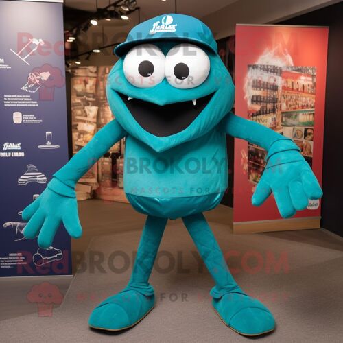 Personnage De Costume De Mascotte Redbrokoly Teal Spider Habillé Avec Un Tee-Shirt Henley Et Des Coussinets Pour Les Pieds