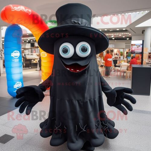 Personnage De Costume De Mascotte Redbrokoly De Calamars Frits Noirs Habillé D'une Robe Et D'épingles À Chapeau