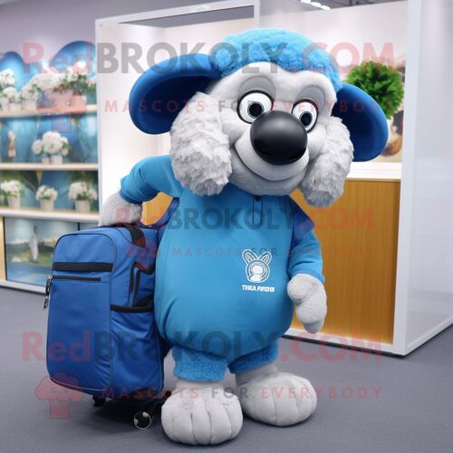 Personnage De Costume De Mascotte Redbrokoly De Mouton Suffolk Bleu Ciel Habillé D'un Sweat-Shirt Et De Sacs Messenger