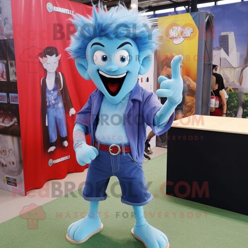 Personnage De Costume De Mascotte Redbrokoly De Vampire Bleu Ciel Habillé D'un Short En Jean Et De Boutons De Manchette