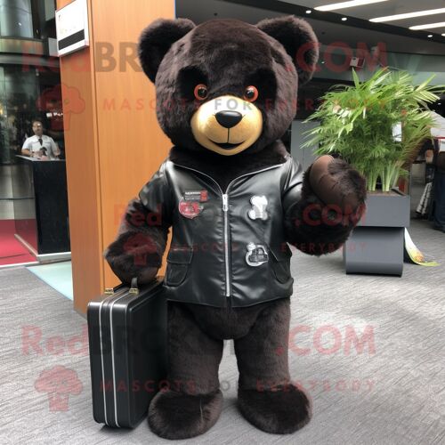 Personnage De Costume De Mascotte Redbrokoly D'ours En Peluche Noir Habillé D'une Veste En Cuir Et De Porte-Documents