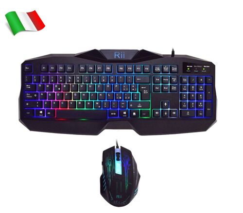 Rii Gaming RK400 ¿ Clavier italien de jeu + souris de jeu 2000 dpi (rétroéclairage à LED 7 couleurs)
