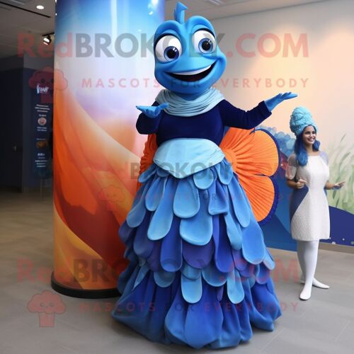 Personnage De Costume De Mascotte Redbrokoly De Poisson Clown Bleu Habillé D'une Robe De Soirée Et De Montres