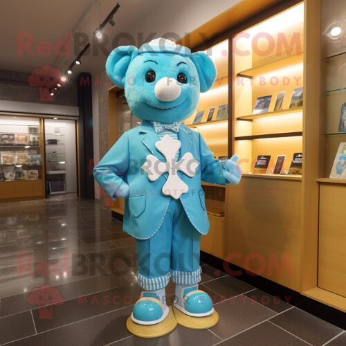Personnage De Costume De Mascotte Redbrokoly De Croix Celtique Cyan Habillé D'un Manteau Et De Noeuds Papillon