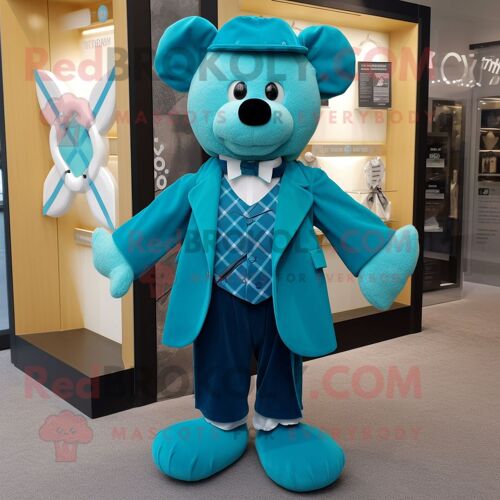 Personnage De Costume De Mascotte Redbrokoly De Croix Celtique Cyan Habillé D'un Manteau Et De Noeuds Papillon