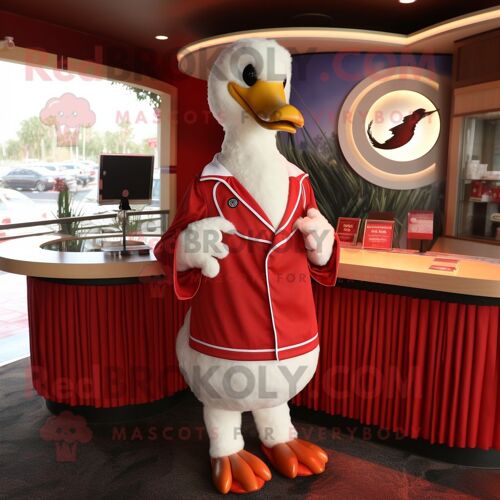 Personnage De Costume De Mascotte Redbrokoly Red Swan Habillé D'une Chemise Henley Et D'anneaux
